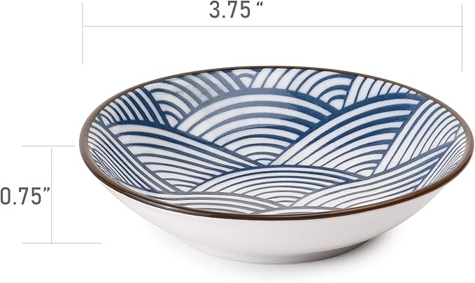 Beautyflier Set of 4 Ceramic Sauce Dish Soy Sauce Dipping Bowls Appetizer Plates Side Dishes Serving Dish Japanese Style Dinnerware Set (WAVE&SAKURA(3.75inch))