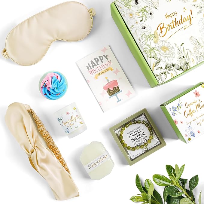 Mug Gift Birthday Gifts Set for Women, Spa Baskets Gift Box Unique Happy Birthday Gifts Ideas for Women Mom Her Friend Sister Wife Daughter Girlfriend Coworker, Ceramic Mug 12 OZ (Off-white)
