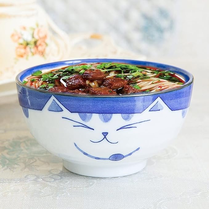 JapanBargain 2471, Set of 2 Japanese Porcelain Bowls Serving Miso Soup Pho Ramen Udon Donburi and Salad, Maneki Neko Smiling Cat Pattern, 18 fl.oz. 5-inch, Blue Color, Made in Japan