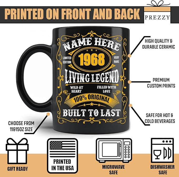 PREZZY Personalized 55th Birthday Coffee Mug Vintage 1968 Limited Edition Mug Black 11oz 15oz