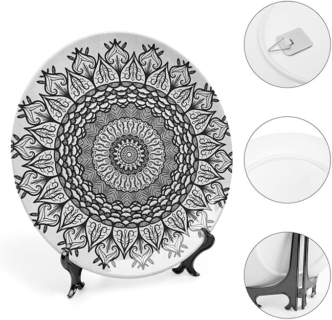 7 Inch Decorative Plate, Lotus Round Porcelain, Arabesque Mandala Flower Boho Pattern Print Ceramic Wall Hanging for Fine Dining Upscale Events, Dinner Parties, Weddings, Catering, Black White