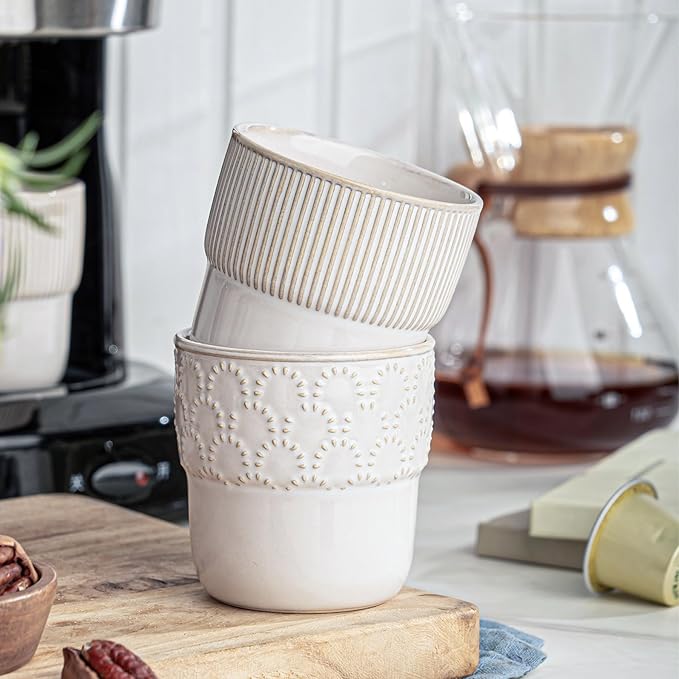 Espresso Cups Set of 2, 4oz Espresso Shot Cups, Mini Coffee Mugs Farmhouse Decor, Espresso Cup Perfect for Espresso Machine, Microwave and Dishwasher Safe，（Embossed Stripes+Firework）