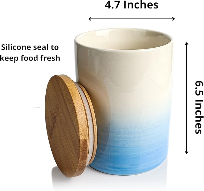 Arthausen Vintage Blue Ceramic Storage Jar Canister for Flour Sugar - Airtight Bamboo Lid w/Silicone Seal, Spoon - Modern Abstract Art Design for Kitchen Counter Bathroom - 4 cup / 1080mL