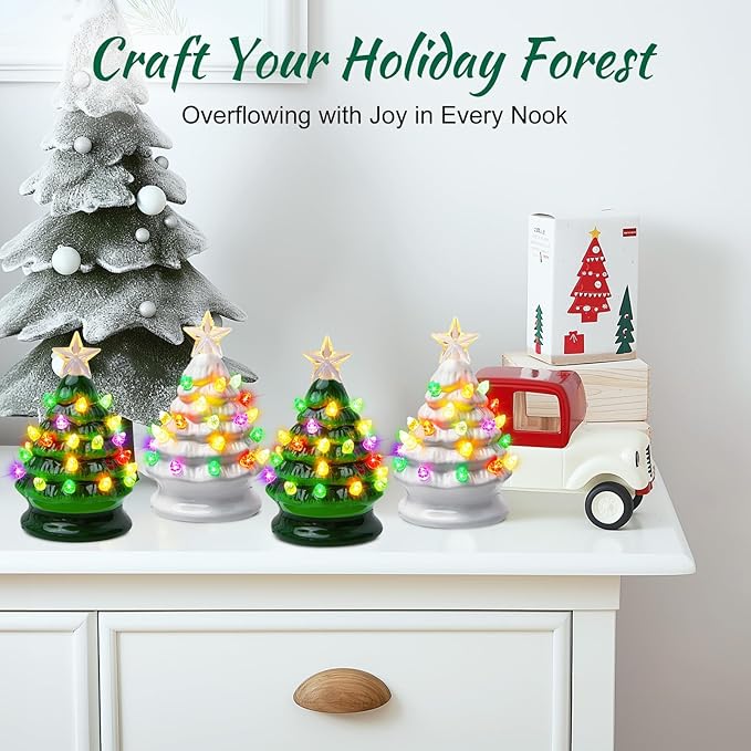 5 Inch Mini Ceramic Christmas Tree Set - 4 Pack Pre-lit Tabletop Christmas Tree with Multicolored LED Lights, Battery Operated Small Lighted Tree for Home Office Table Holiday Decorations