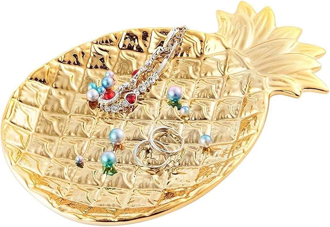 Lependor Ceramic Plate Jewelry Tray Jewelry Holder Jewelry Display - Ring Dish - Organizer for Keys - Phone - Jewelry - Watch - Wallet -Trinket - Best Wedding/Birthday - Big Size Golden Pineapple