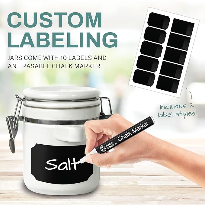 Home Intuition 4-Piece Ceramic Kitchen Canisters Set, Airtight Containers with Wooden Spoons Reusable Chalk Labels and Marker for Sugar, Coffee, Flour, Tea (White)