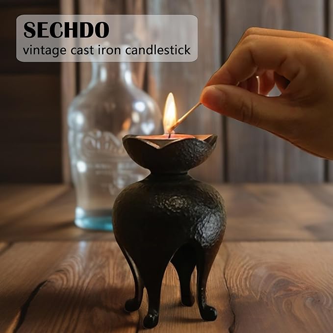 Japanese Style Cast Iron Candle Holder, Small Handmade Vintage Candlestick Holders, Rustic Pillar Candle Holder, Farmhouse Candle Stand for Fireplace Shelf Home Decor (4.53" Tall Pattern)
