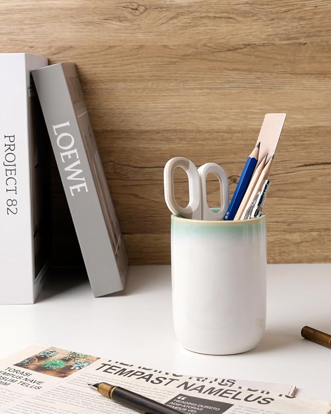 BosilunLife Ceramic Toothbrush Holder - 12oz Bathroom Toothbrush Holder Tooth Brush Holders Tumbler Cups Reusable Toothbrush Mouthwash Cup Small Toothbrush and Toothpaste Holder, White with Blue-Green