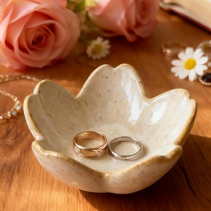 Stone Gray Flower Ceramic Jewelry Tray Bride Ring Dish, Cute Trinket Bowl Jewelry Holder for Vanity/Bathroom/Nightstand Aesthetic Room Decor, Women’s Gift for Christmas/Birthday/Wedding/Housewarming