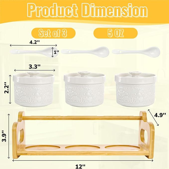 10 Pack Sauce Serving Dish, 5 Oz Ceramic Chip Dip Sauce Bowls with Spoons Lids for Party, 3 Condiment Seasoning Jars with Bamboo Tray for Snacks, Appetizers, Sauces