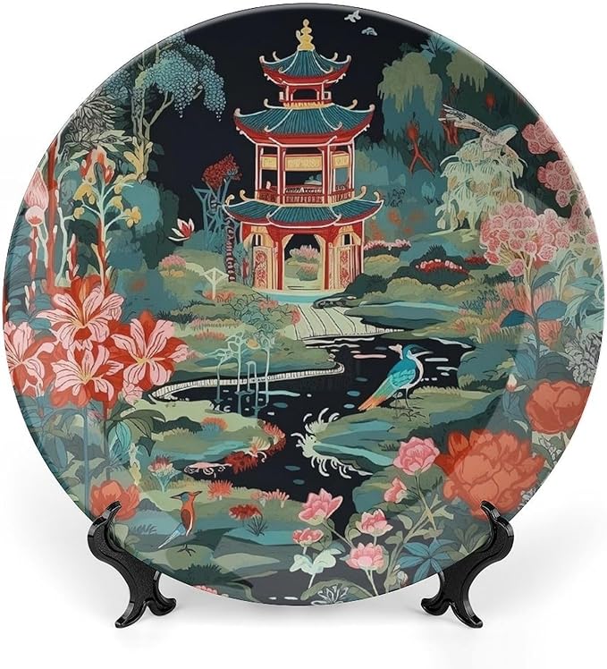 Chinoiserie Charcoal Coral Pagoda Asian Ceramic Decorative Plate of 6", 7", 9", 10", Custom Asian Colorful Pagoda Chinese Plates, Kitchen Farmhouse Decorations Home, 1 Plate with 1 Display Stand