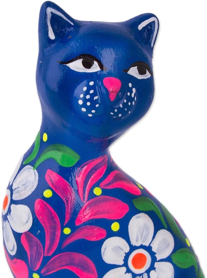 NOVICA Artisan Handcrafted Ceramic Figurine Peruvian Artisan Floral Cat Blue Multicolor Sculpture Painted [3.9in H x 2.2in W x 1.6in D] ' Sweet Cat in Blue'