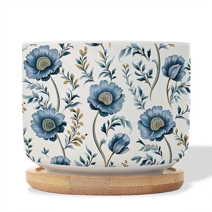 Mughal Flower Ceramics Planter Set of 1 Chinoiserie Blue Floral Cactus Pot for Indoor with Drainage Holes Oriental Chinoiserie Small Succulents Plant Pot Birthday Gift for Mom