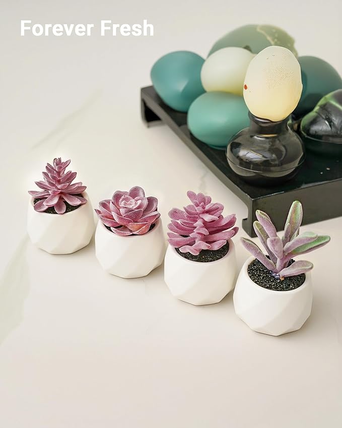 VIVERIE Mini Succulents Plants Artificial in Pots, Christmas Small Fake Plants for Home Decor Indoor for Women, White Ceramic Faux Succulents, Set of 4, Gifts for Mom-Purple