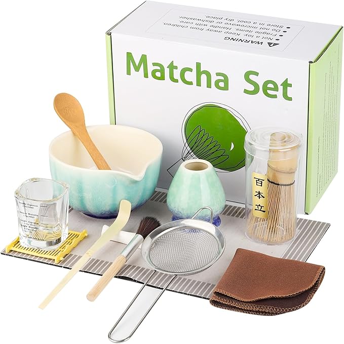 12 Pcs Matcha Whisk Set - Matcha Set Includes Ceramics Matcha Bowl and Cup, Matcha Kit for Ceremony Making Tools, Gift for Family/Friend Gradient blue-green