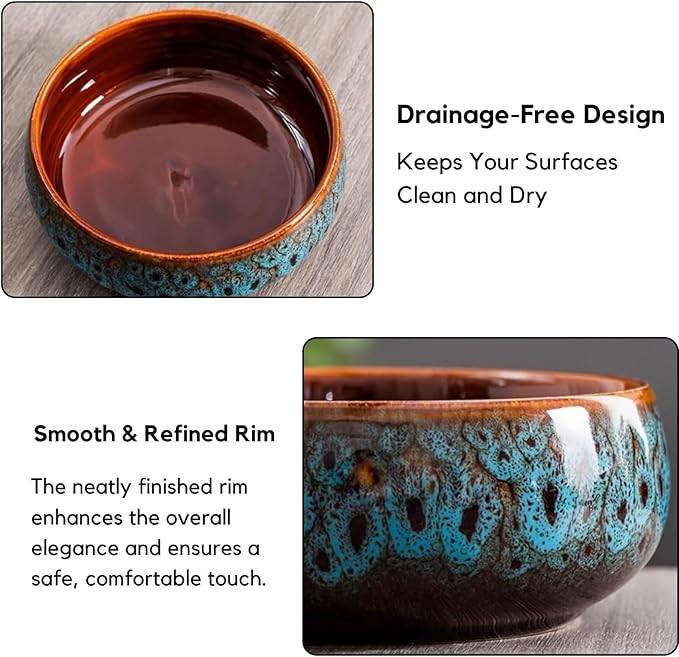 Ceramic Lotus Bowl Planter, Lotus Pots for Water Plants Indoor, Large Caliber Flow Glaze Non-Porous Hydroponic Container, Succulent Pots, Leak-Proof Design (Blue Peacock Pattern) 6.6in*2.7in