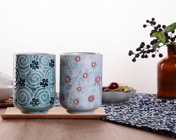 WHJY 10oz Transitional Chinese/Japanese style Handle-less Ceramic Tea cups teacup, Cherry Bloom and Geometric Pattern Set of 2