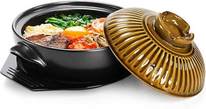Okllen Large Korean Ceramic Bowl with Lid and Platter, 54 oz Clay Pot for Cooking, Sizzling Hot Pot for Dolsot Bibimbap, Soup, Casserole, Rice, Stew, Noodle