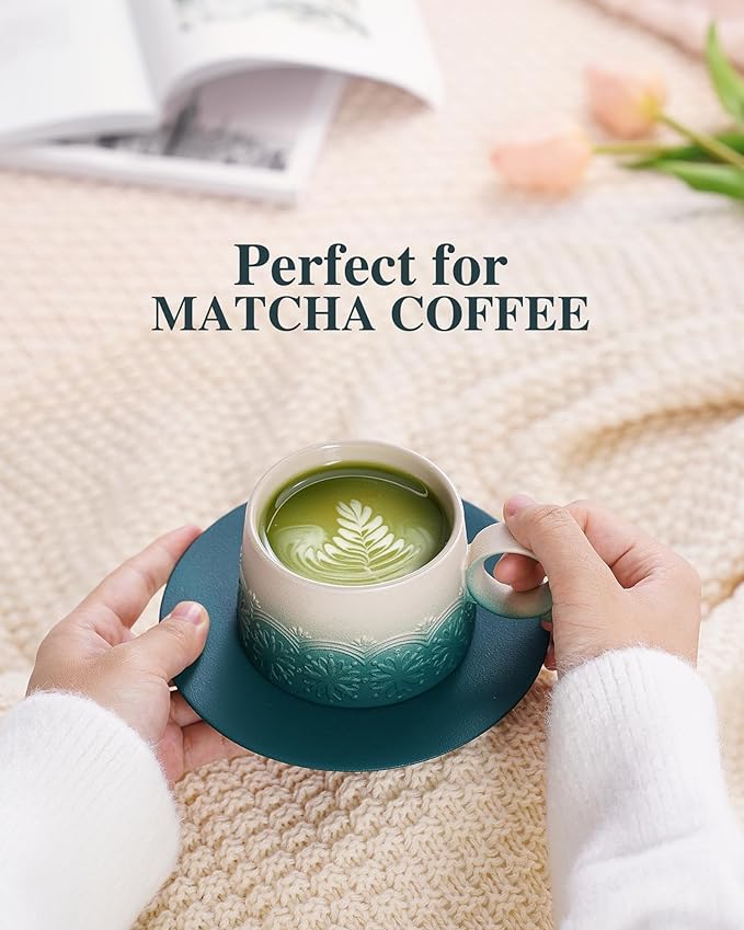 ZENS 7.3 Ounce Cappuccino Mug Set of 2, Artistic Embossed Cappuccino Cups Set with Saucers, Ceramic Coffee Cups for Double Espresso, Au Lait, Latte or Tea, Coffee Lovers Gifts, Dark Green