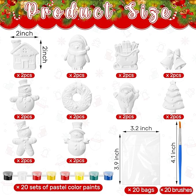 Simgoing 20 Set Christmas Ceramic Painting Kit DIY Ceramic to Paint Your Own Snowman Santa Xmas Tree Penguin Statues Ceramics Christmas Ornaments Crafts for Adults Xmas Party