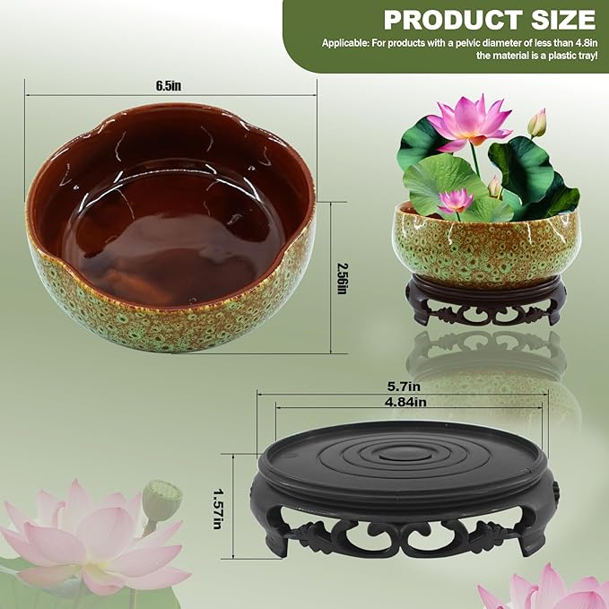 Lotus Bowl Planter，Decorative Ceramic Bowl Lotus for Water Plants with Black Stand, Green and Brown Glazed Finish