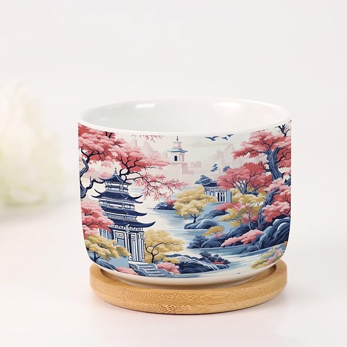 Blue Asia Tiered Tower Coral Pink Flower Small Planters for Succulents Set of 1 Chinoiserie Garden Scenery Ceramics Planters for Indoor Plants Chinoiserie Asian Succulents Plant Pot