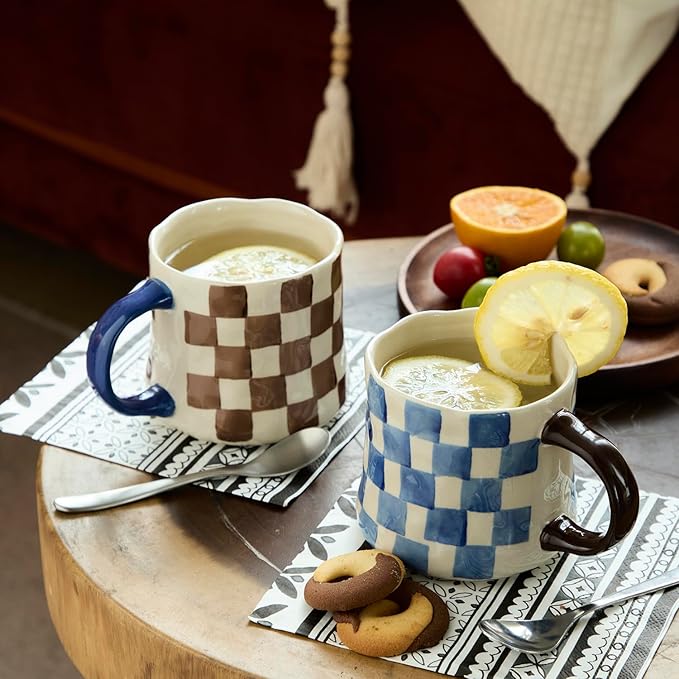 Retro Checkered Ceramic Coffee Mug 16Oz - Extra Large Handle, Microwave Safe Vintage Patterned Tea Cup for Home-2pack