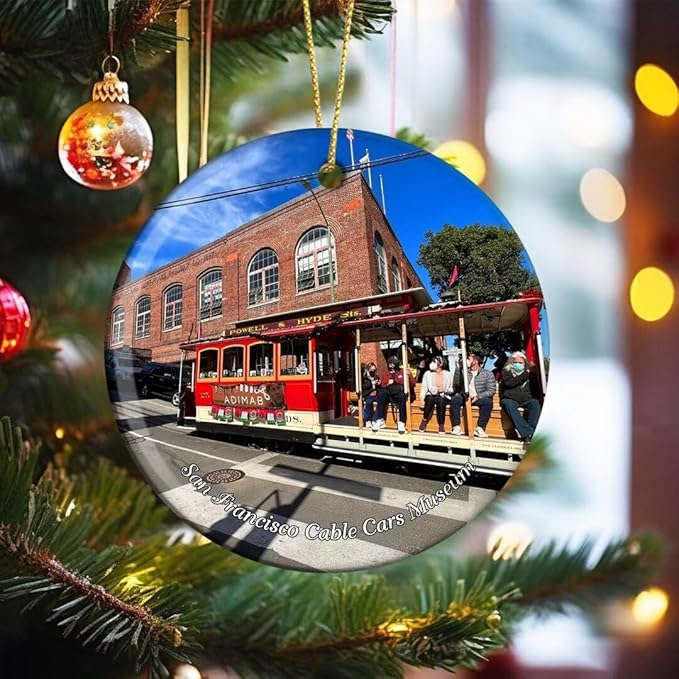 California San Francisco Cable Car Museum USA America Christmas Ornaments Ceramic Round Hanging Pendant Xmas Decor City Travel Souvenirs 3" Porcelain Double Sided