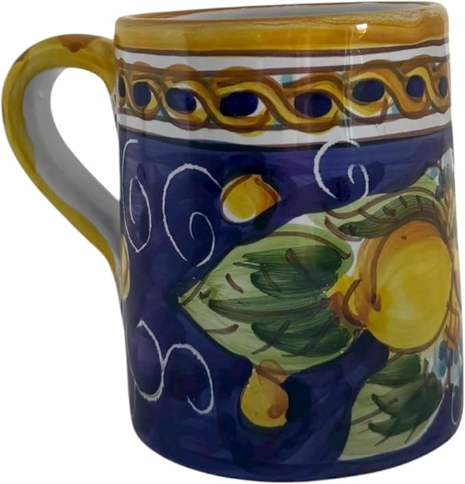 Hand Painted Ceramic Lemon Mug, 8 oz | Italian Style Coffee Cup with Blue Background | Dishwasher Safe, Artisan Ceramic