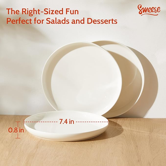 Sweese Porcelain Dessert Plates, 7.4 Inch Lightweight Round Salad Plates Set of 6, Small Appetizer, Small Kitchen Dish, Microwave & Dishwasher Safe, Scratch Resistant Plates set, White