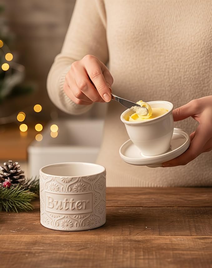 TEATALK Ceramic French Butter Crock - Vintage Relief Pattern Butter Keeper with Water Seal, 6.7oz Creamy White Butter Dish for Fresh Spreadable Butter, Farmhouse Kitchen Decor & Gift