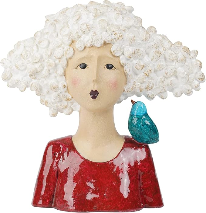 DiliComing Garden-Statues Bust-Head Sculptures for Home Decor - 11 Inch Women with Bird Modern Art Statue for Home and Garden, Various Festivals for Women 10.5 x5.5 x 11 Inch (Red)