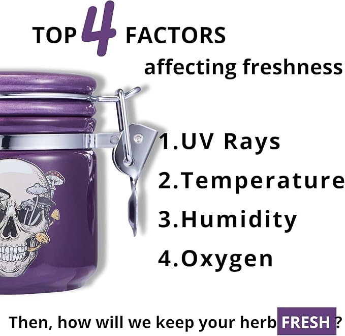 Mushroom Skull Stash Jar Half Oz (250ml), Odor Smell Proof Jar Airtight Container Keep Herbs Fresh Storage, Mushroom Skull Bowl Bottle Holder - Goth Skull Decor Gothic Mushroom Skull Gifts - Purple