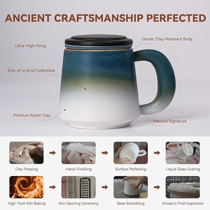Ceramic Tea Mug with Infuser & Lid, 16oz Kiln-Transformed Unique Cup – Nature's Artisan Design, Loose Leaf Tea Cup with Infuser, Insulated Ceramic Coffee Mugs with Lid, Gift for Women/Men