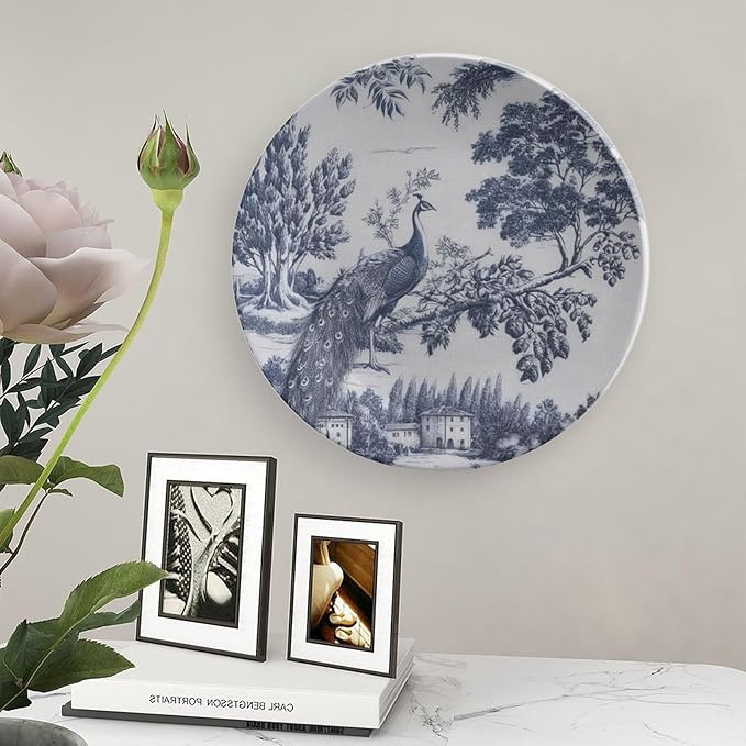 Blue And White Chinoiserie Peacock Plates Ceramic for Display Asin Blue Chinoiserie Bird Office Table Supplies Kitchen Display Holiday Party Decorations Custom Gifts for Men Women Birthday