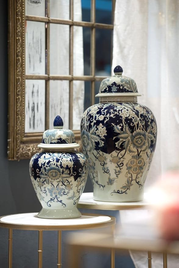 A&B Home 23" Tall Porcelain Vase with Lid Ceramic Blue and White Floral Print Ginger Jar Display Storage Asian Decor Centerpiece