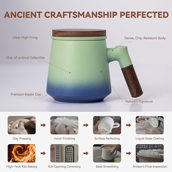 Ceramic Tea Mug with Infuser & Lid, 14oz Kiln-Transformed Unique Cup – Nature's Artisan Design, Loose Leaf Tea Cup with Infuser, Insulated Ceramic Coffee Mugs with Lid, Gift for Women/Men