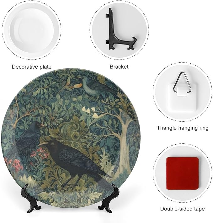 William Morris Raven Blue Green Floral Decorative Plate, Raven in The Forest Art Custom Wall Art Hanging Plate for Club Table Decor, with 1 Display Stand Art Decorations for Display Kitchen