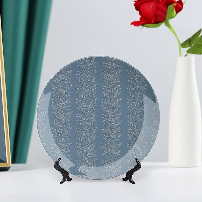 Christmas China Plates for Display Thibaut Blue Leaves Stripes Table Kitchen Supplies Chinese Plates with Display Stand Customize Gifts for Men Women, 6", 7", 8", 10"