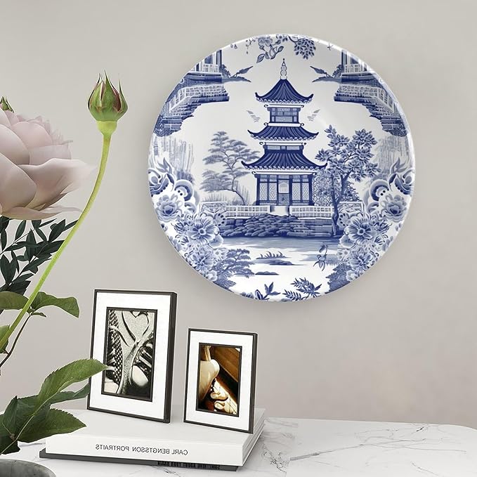 Chinoiserie Blue Asian Pagoda China Plates for Display Festival Wedding Supplies Wall Farmhouse Holiday Party Decorations Personalized Gifts for Men Women Christmas, 6", 7", 9", 10"