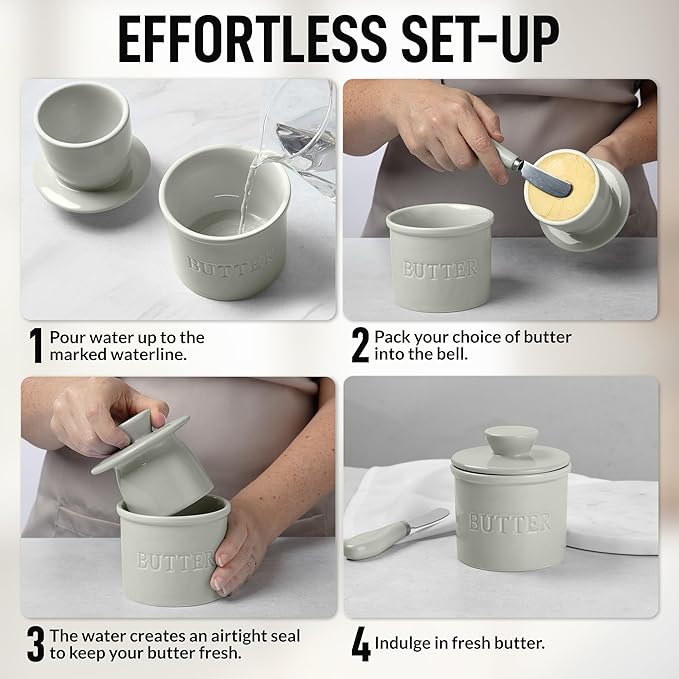 Zulay Kitchen Bell Shaped Butter Crock with Lid for Countertop with Water Line & Spreader Knife, Ceramic French Butter Dish Keeper For Fresh, Soft & Spreadable Butter - Light Gray