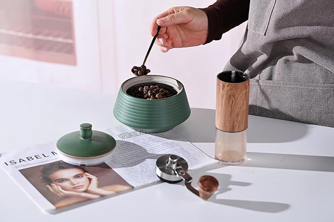Retro Kitchen Canisters Ceramic Food Storage Jar Roud Shape with Silicone Airtight Lid for Tea, Coffee, Nuts, Herb, Spice, Sugar (Low Green)