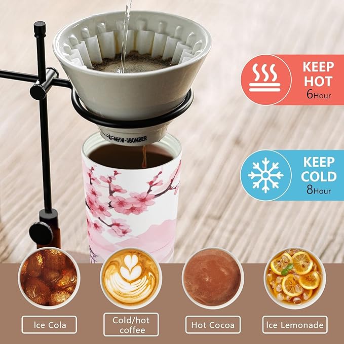 Asian Style Pink 17oz Insulated Coffee Mug with Dual-Function Lid, Ceramic Lined Travel Tumbler for Pure Taste, Stainless Steel Water Bottle with Straw, Fits Cup Holders