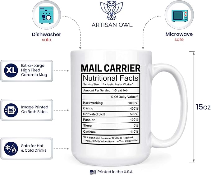Artisan Owl Large 15 oz Ceramic Mail Carrier Mug – Funny Gift for Postal Workers, Delivery Drivers, Couriers with Unique Nutritional Facts Design