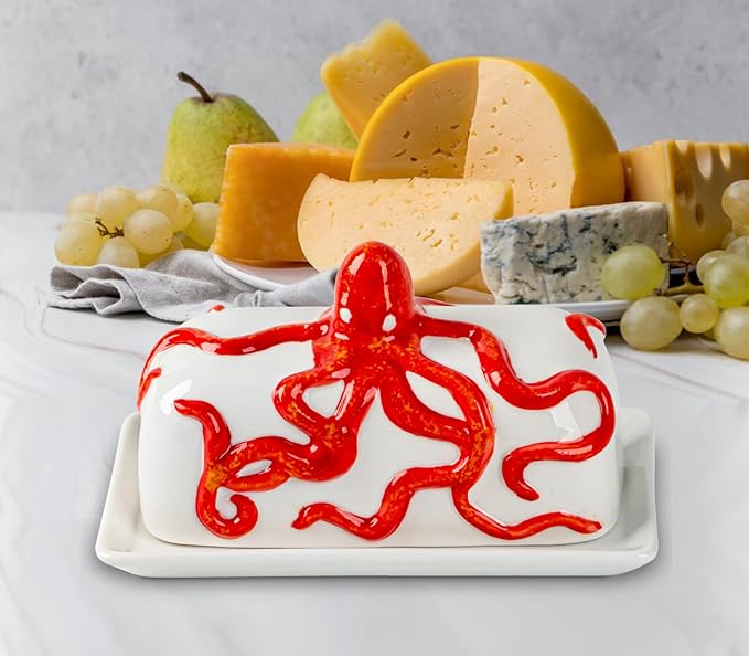 Octopus Butter Dish With Lid For Countertop Ceramic Butter Dish With Cover Red Butter Tray With Lid Butter Holder Large Butter Container For Counter