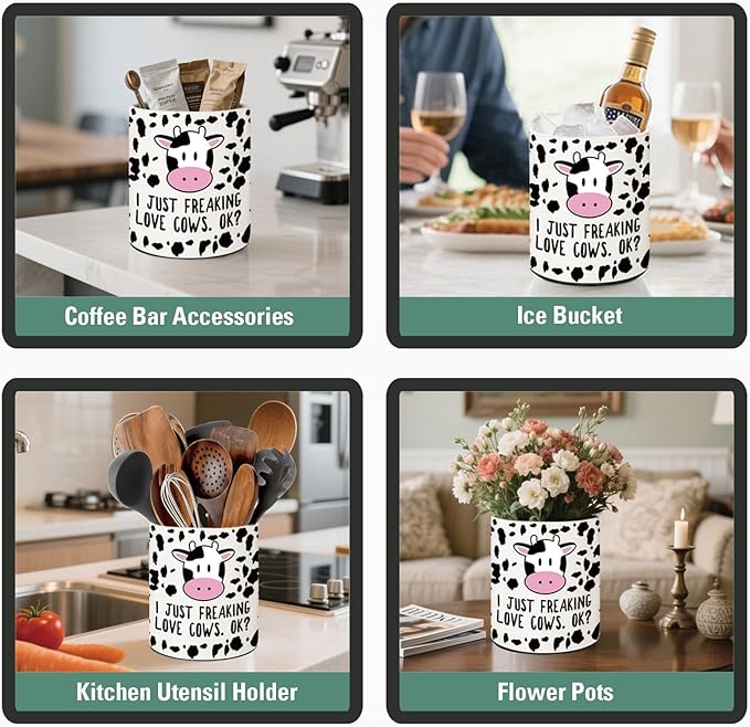 Cow Kitchen Decor, 6.5inch Ceramic Utensil Holder with Cow Design, Rustic-Style Indoor Kitchen Utensil Storage Rack, Ideal for Spoon Storage and Cooking Tools, Gift for Kitchen Organizers