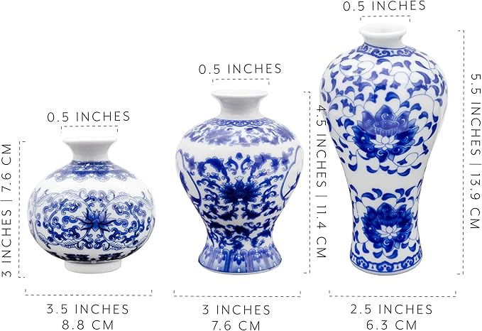 AuldHome Blue and White Porcelain Vases Set of 3, Mini Decorative Bud Vases for Farmhouse, Cottagecore, and Vintage Decor