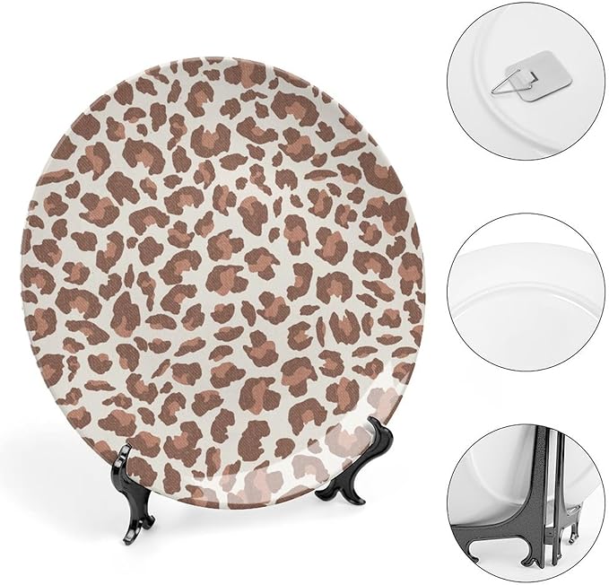 Ceramic Decorative Plate Leopard Animal Print Brown And Gray Custom Decor for Display Farmhouse Wall Club Ceramic Display Plate 1 Plate with 1 Display Stand, Multi Sizes, Gifts for Men Women