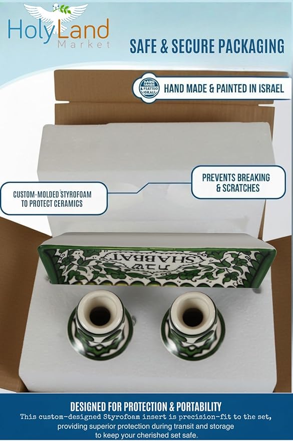 Holy Land Market Shabbat Candlestick Set - Colorful Ceramic Candlesticks with Matching Plate for Shabbat and Holidays (Green)
