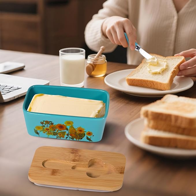 Sunflower Butter Dish with Lid,Large Butter Crock Keeper Saver,Ceramic Butter Container for Countertop with Highly Sealed Silicone Thick Wooden Lid for Kitchen Farmhouse Decor (Thin Blue, Sunflower)